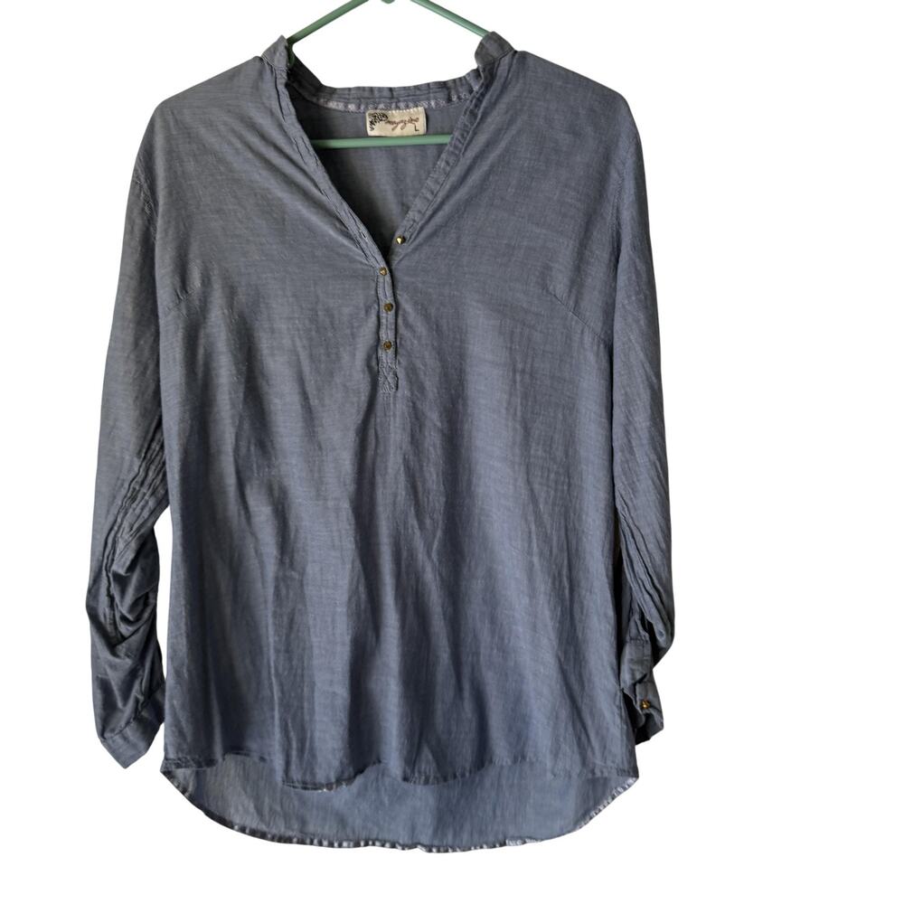 Magazine Shirt Womens Large Blue‎ Long Sleeve Ruched Button Pullover Cotton Top